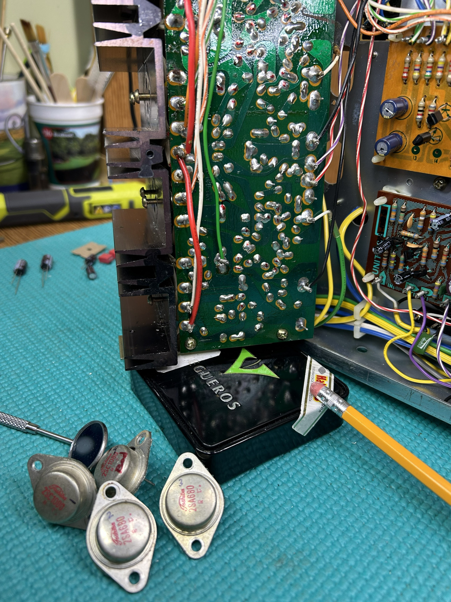 Original Pioneer SX-828 output transistors removed during restoration